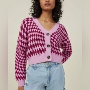 Cotton On boxy, cropped cardigan. Geometric pink purple print - size XL